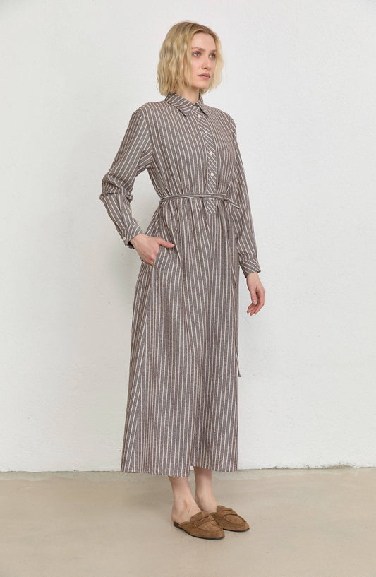 Çizgili Acı Kahve Keten Gömlek Elbise