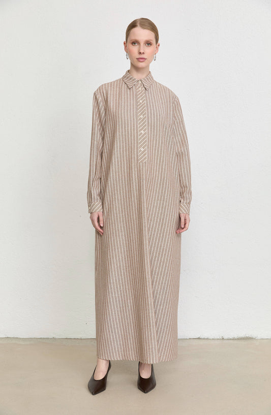 Çizgili Sütlü Kahve Keten Gömlek Elbise