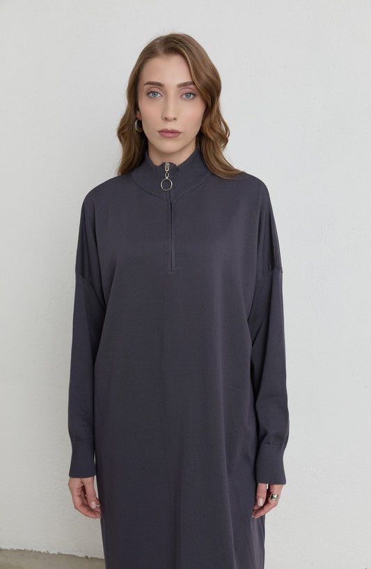 Fermuarlı Antrasit Maksi Merserize Triko Tunik - Fatma Atasoy