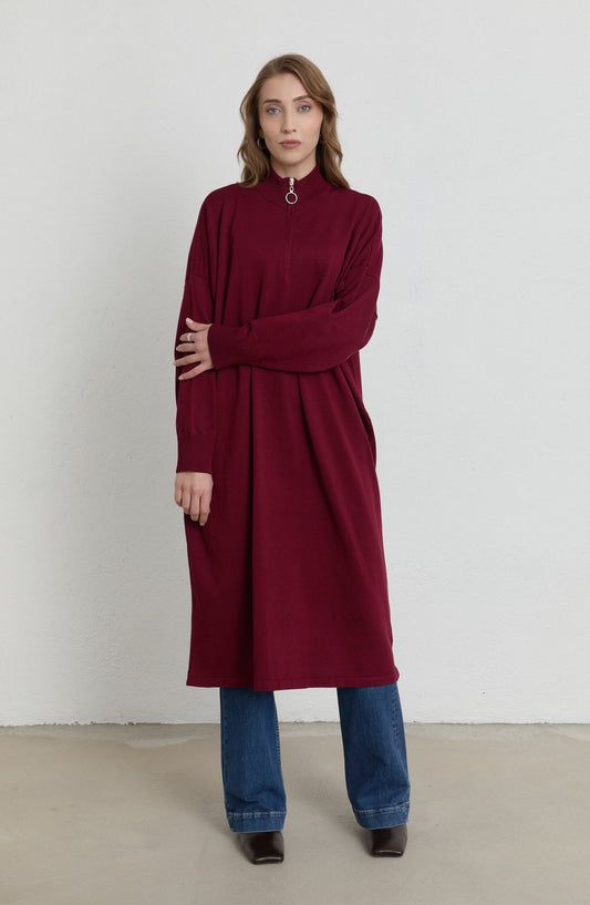 Fermuarlı Bordo Maksi Merserize Triko Tunik - Fatma Atasoy
