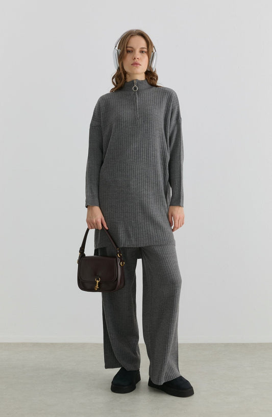 Fermuarlı Fitilli Gri Triko İkili Takım - Fatma Atasoy