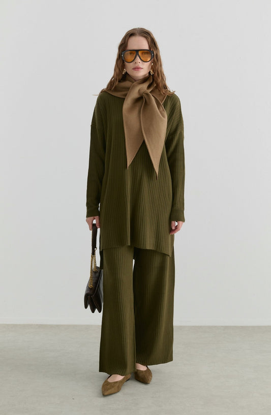 Fermuarlı Fitilli Haki Triko İkili Takım - Fatma Atasoy