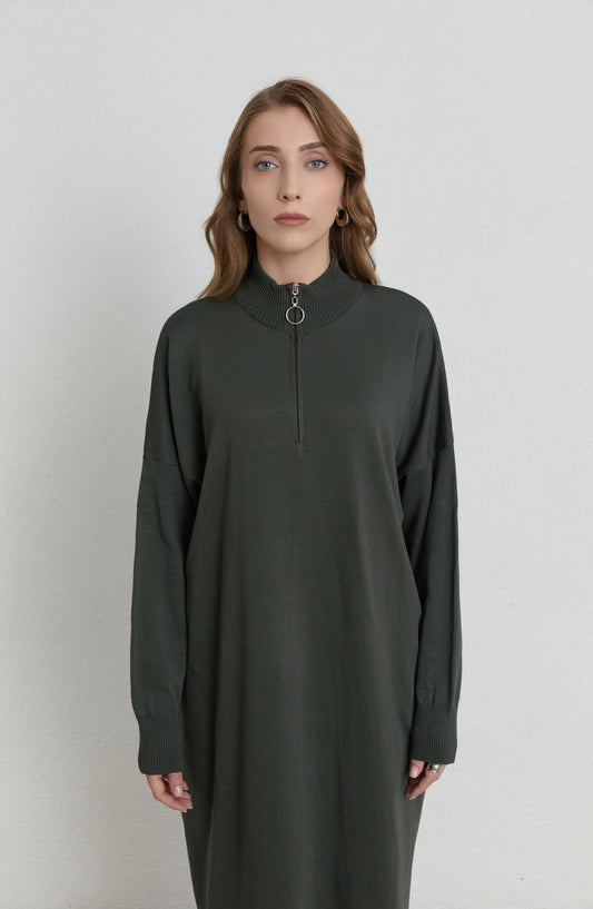 Fermuarlı Haki Maksi Merserize Triko Tunik - Fatma Atasoy