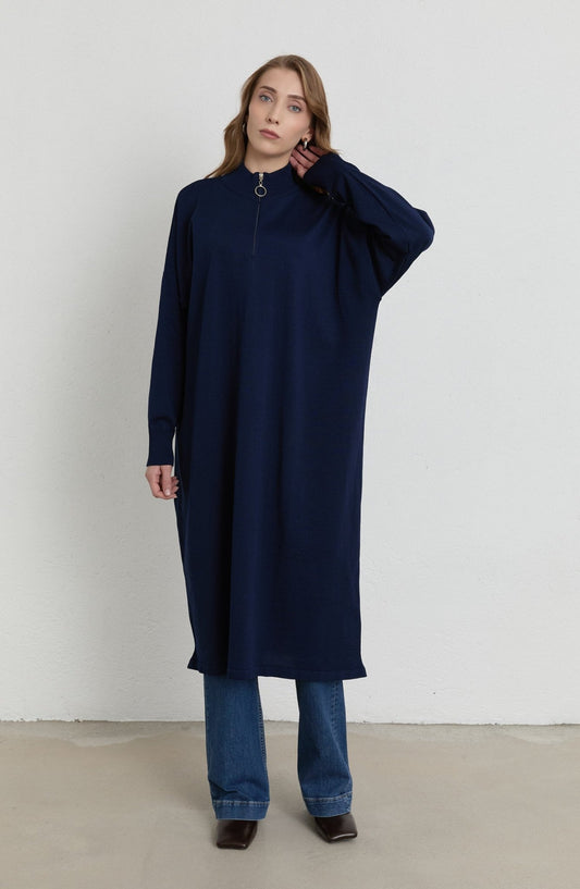 Fermuarlı Lacivert Maksi Merserize Triko Tunik - Fatma Atasoy