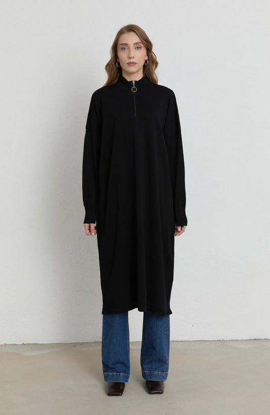Fermuarlı Siyah Maksi Merserize Triko Tunik - Fatma Atasoy