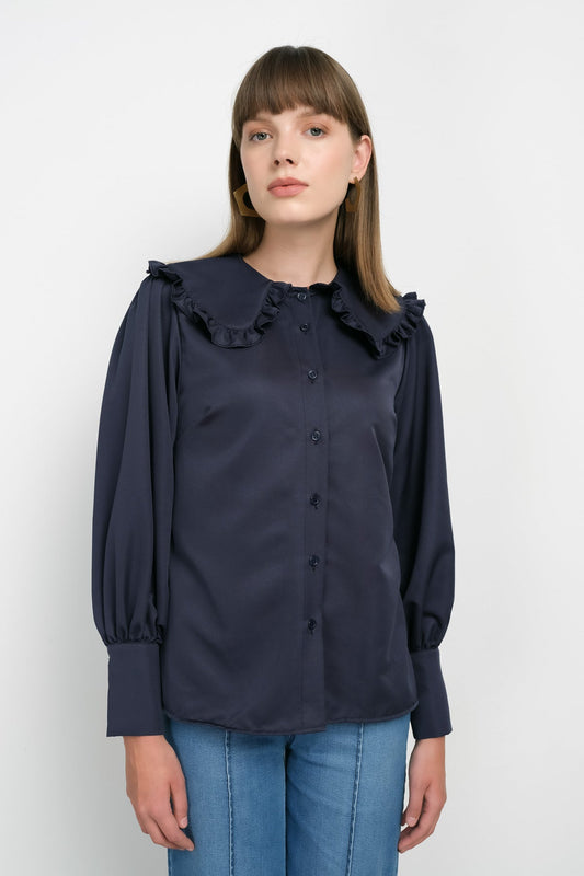Fırfır Yaka Basic Lacivert Gömlek - Fatma Atasoy