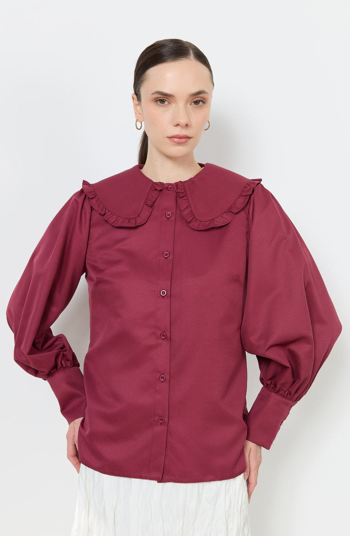 Fırfır Yaka Bordo Basic Gömlek - Fatma Atasoy