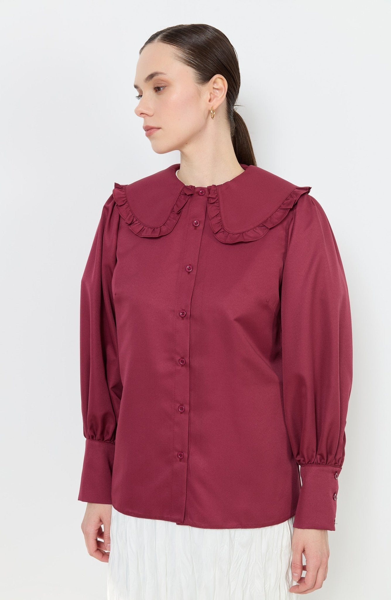 Fırfır Yaka Bordo Basic Gömlek - Fatma Atasoy