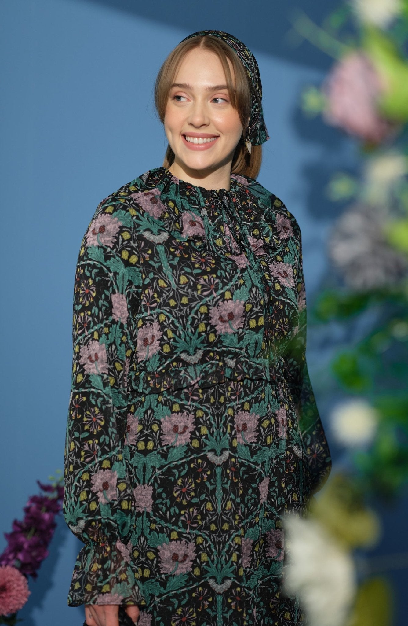 Fırfır Yaka Floral Şifon Lila Elbise - Fatma Atasoy