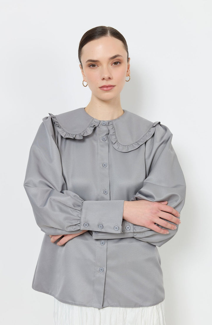 Fırfır Yaka Gri Basic Gömlek - Fatma Atasoy