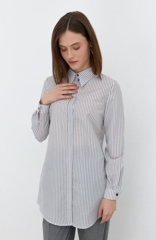 Fit Çizgili Midi Basic Beyaz Gömlek - Fatma Atasoy