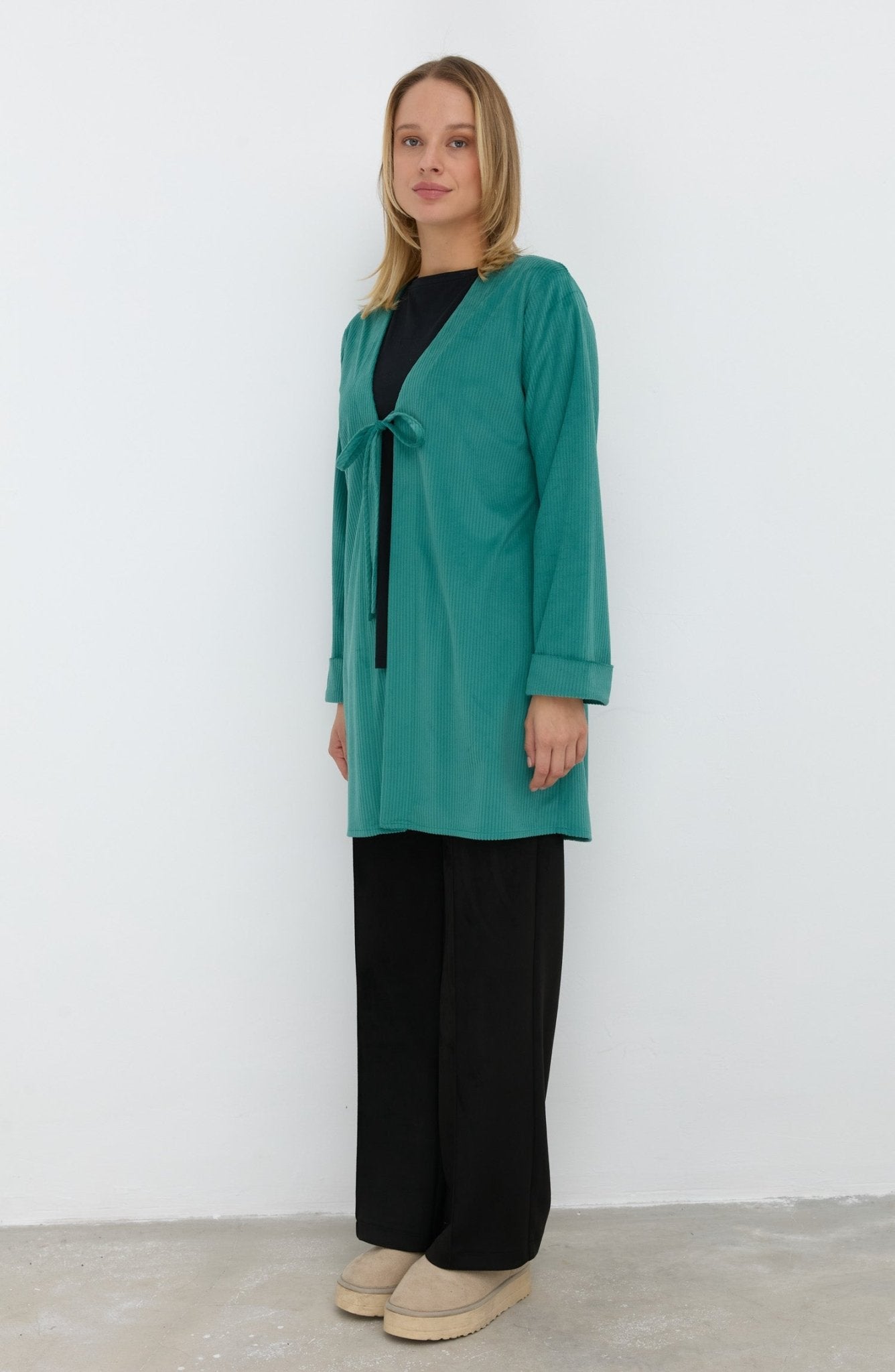 Fitilli Kadife Bağlamalı Mint Kimono - Fatma Atasoy