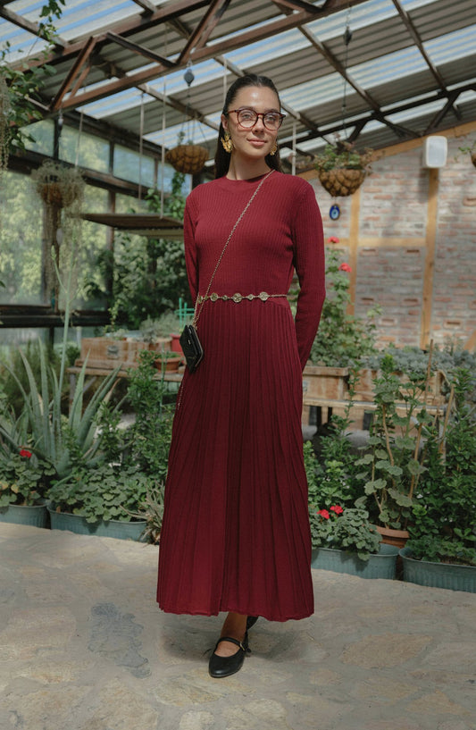 Fitilli Pileli Bordo Triko Elbise - Fatma Atasoy