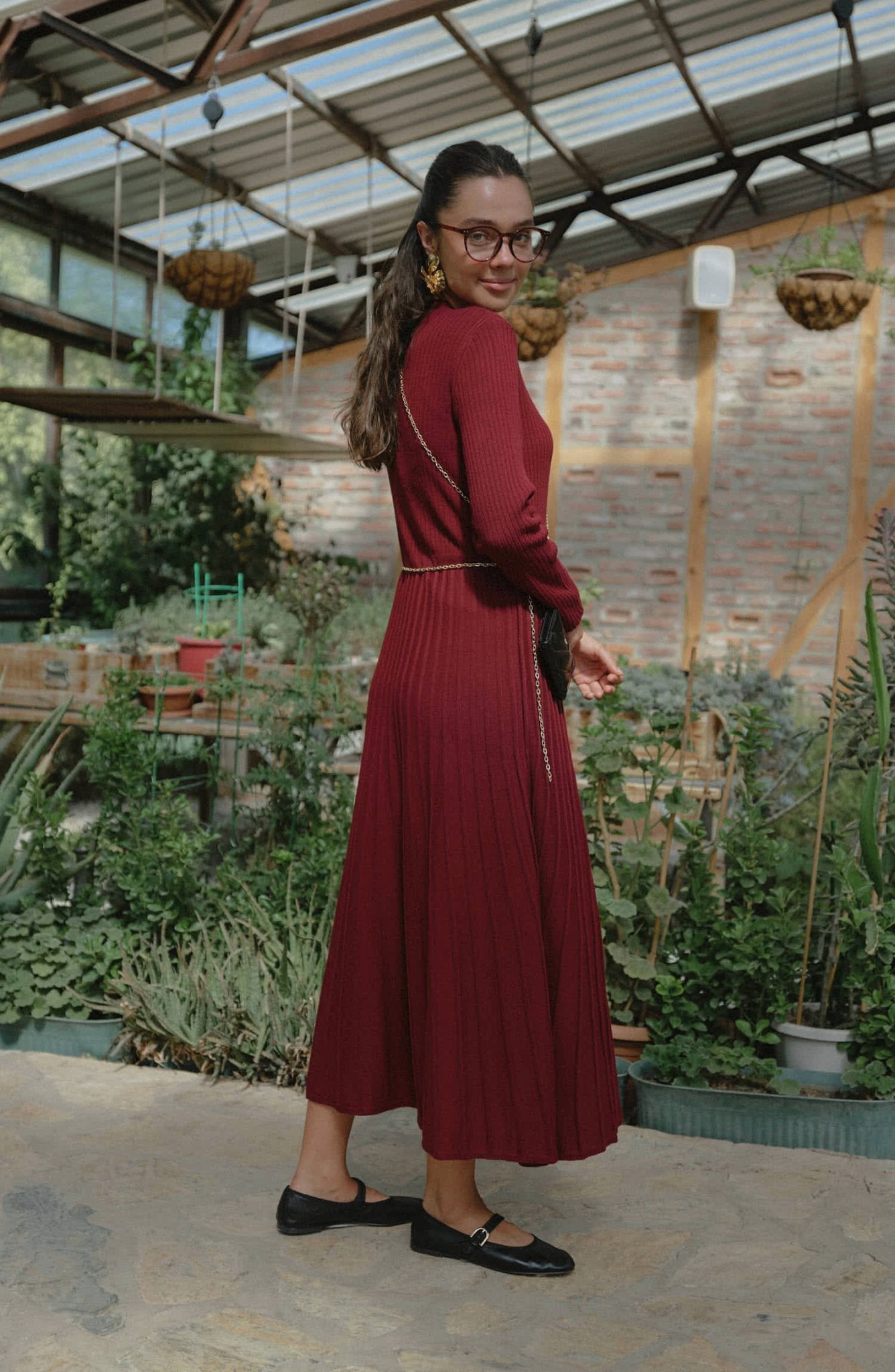 Fitilli Pileli Bordo Triko Elbise - Fatma Atasoy