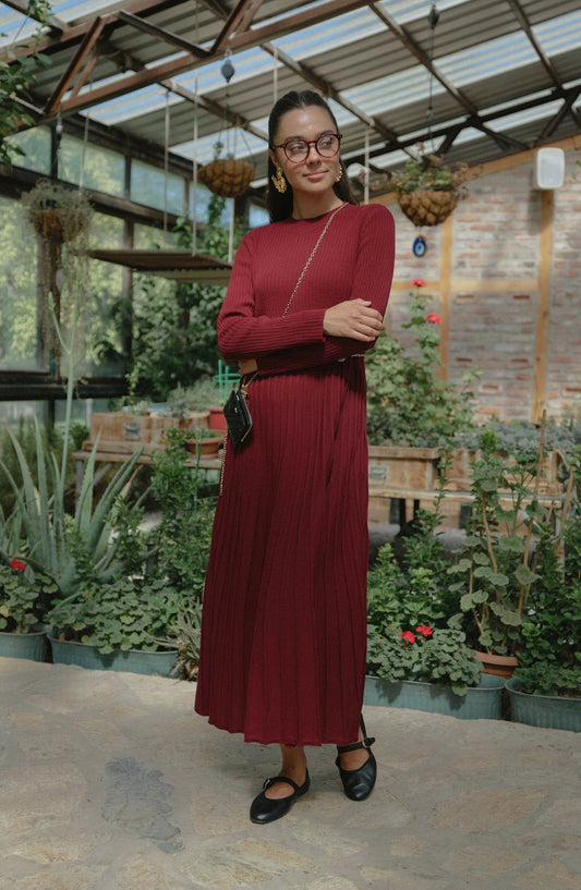 Fitilli Pileli Bordo Triko Elbise - Fatma Atasoy