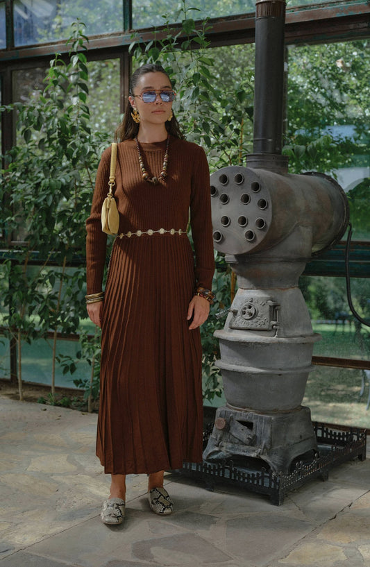 Fitilli Pileli Kahverengi Triko Elbise - Fatma Atasoy