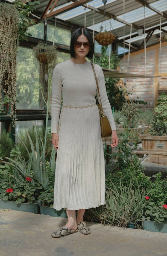 Fitilli Pileli Taş Triko Elbise - Fatma Atasoy