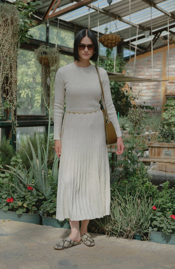 Fitilli Pileli Taş Triko Elbise - Fatma Atasoy