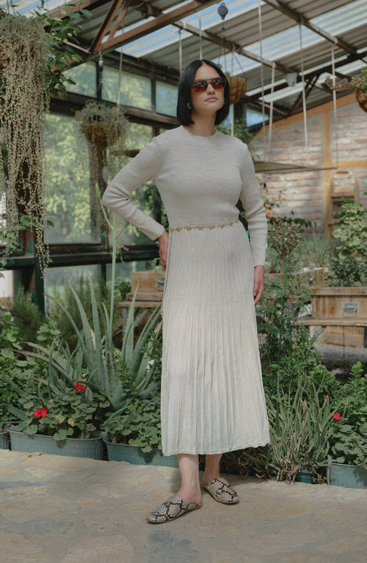 Fitilli Pileli Taş Triko Elbise - Fatma Atasoy