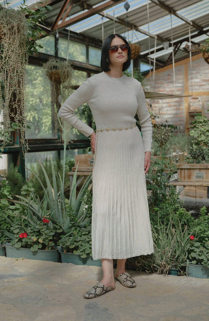 Fitilli Pileli Taş Triko Elbise - Fatma Atasoy