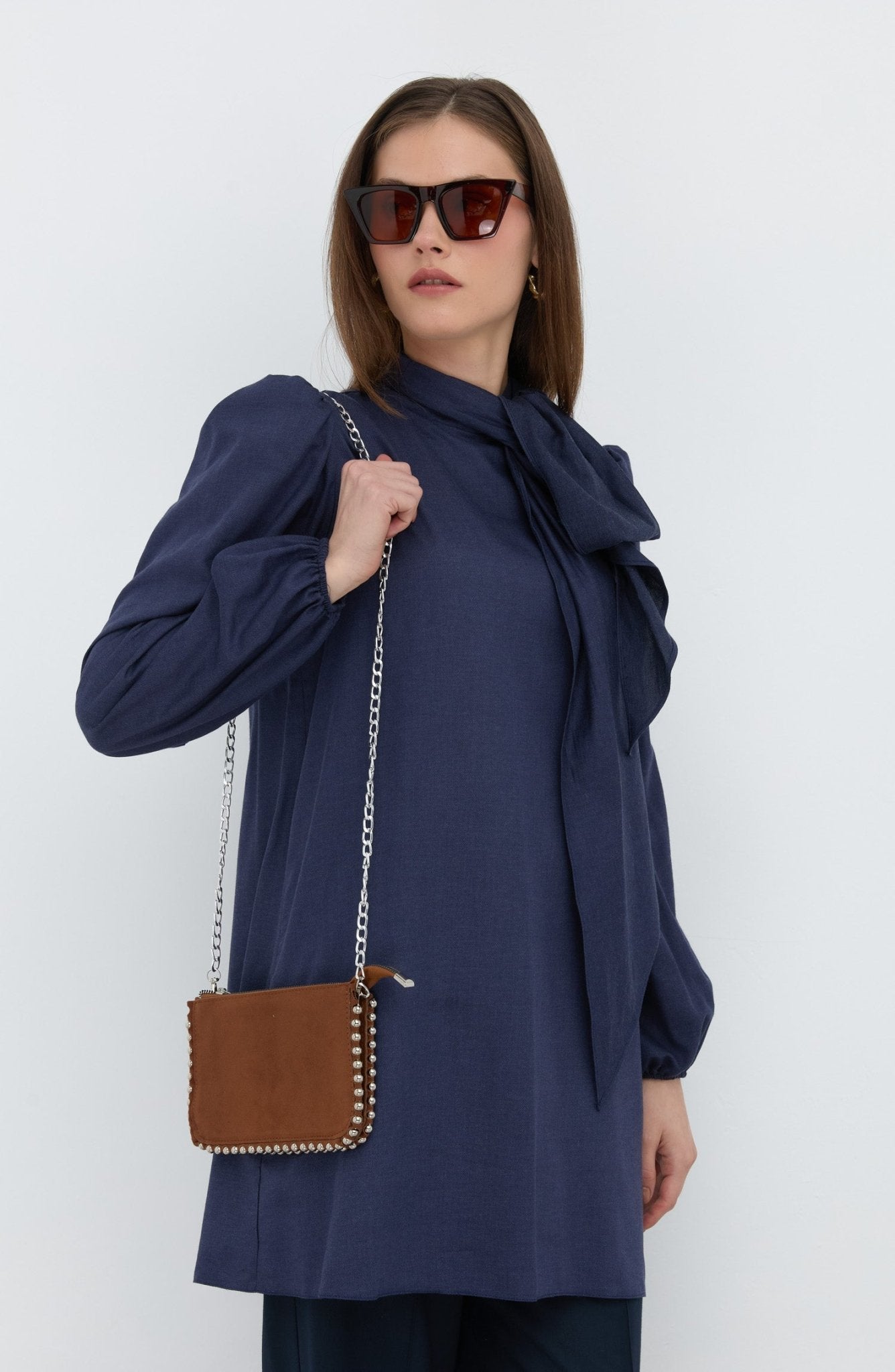 Fiyonklu Midi Viskon Lacivert Tunik - Fatma Atasoy