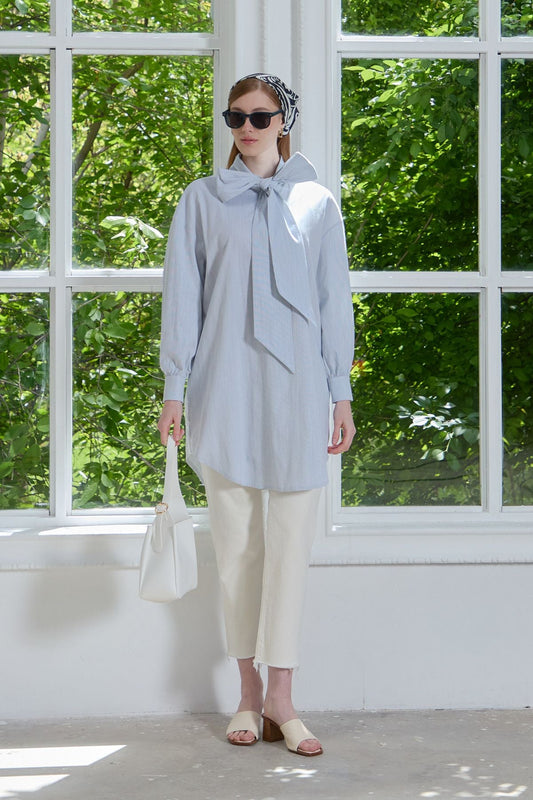 Fiyonklu Pamuk Gömlek Bebe Mavi - Fatma Atasoy