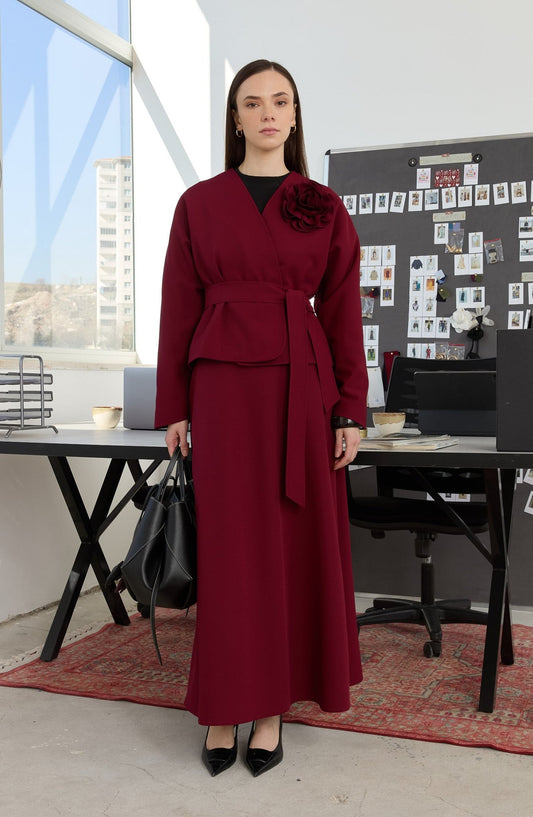 Floral Bordo Kimono Ceket - Fatma Atasoy