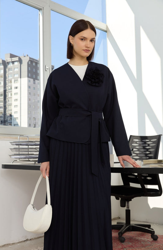 Floral Lacivert Kimono Ceket - Fatma Atasoy