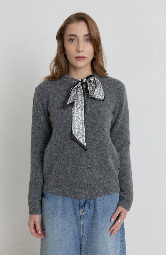 Fularlı Antrasit Basic Yumoş Triko Kazak - Fatma Atasoy