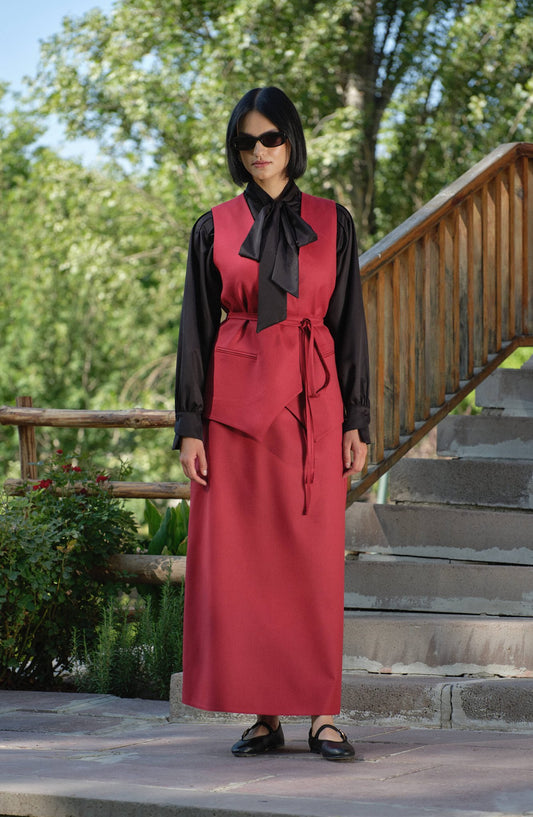 Gabardin Bağlamalı Bordo Yelek Etek Takım - Fatma Atasoy