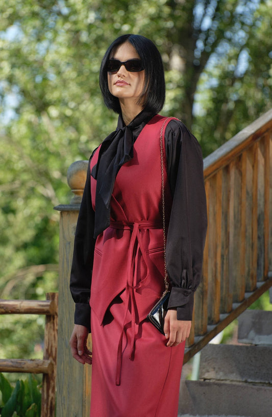 Gabardin Bağlamalı Bordo Yelek Etek Takım - Fatma Atasoy