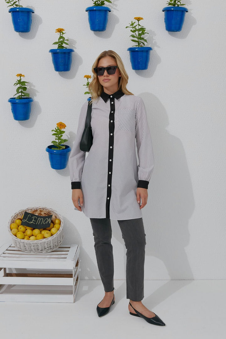 Garnili Basic Çizgili Beyaz Gömlek - Fatma Atasoy