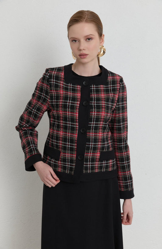 Garnili Ekose Kırmızı Tüvit Ceket - Fatma Atasoy