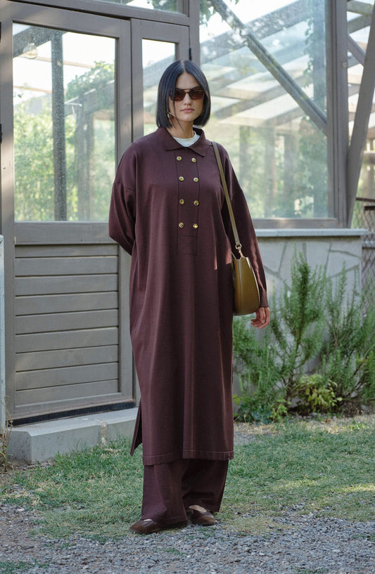 Geniş Patlı Maksi Kahverengi Merserize Triko İkili Takım - Fatma Atasoy