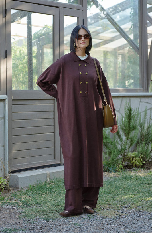 Geniş Patlı Maksi Kahverengi Merserize Triko İkili Takım - Fatma Atasoy