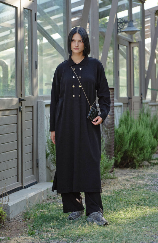 Geniş Patlı Maksi Siyah Merserize Triko İkili Takım - Fatma Atasoy