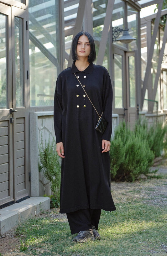 Geniş Patlı Maksi Siyah Merserize Triko İkili Takım - Fatma Atasoy