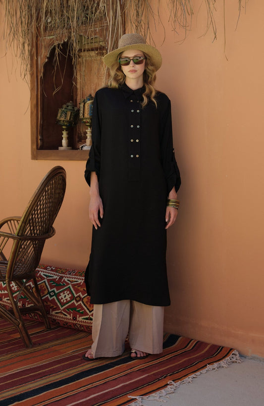 Geniş Patlı Maksi Siyah Tunik - Fatma Atasoy