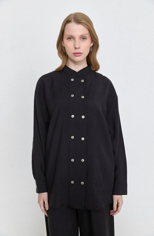 Geniş Patlı Siyah Soft Touch Tensel İkili Takım - Fatma Atasoy