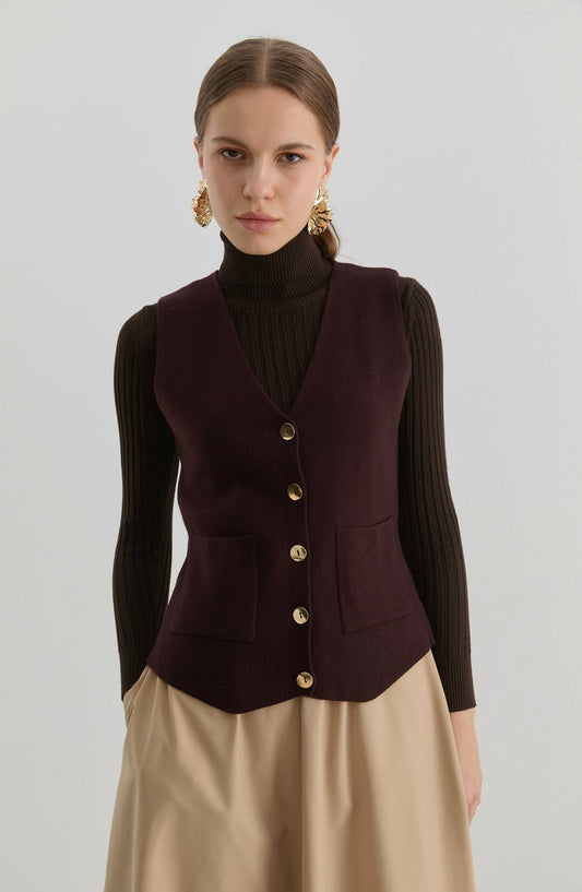Gold Düğmeli Acı Kahve Kısa Triko Yelek - Fatma Atasoy