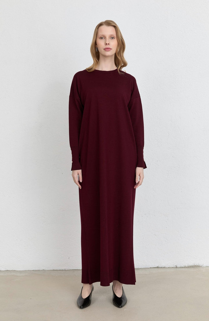 Gold Düğmeli Basic Bordo Merserize Triko Elbise - Fatma Atasoy