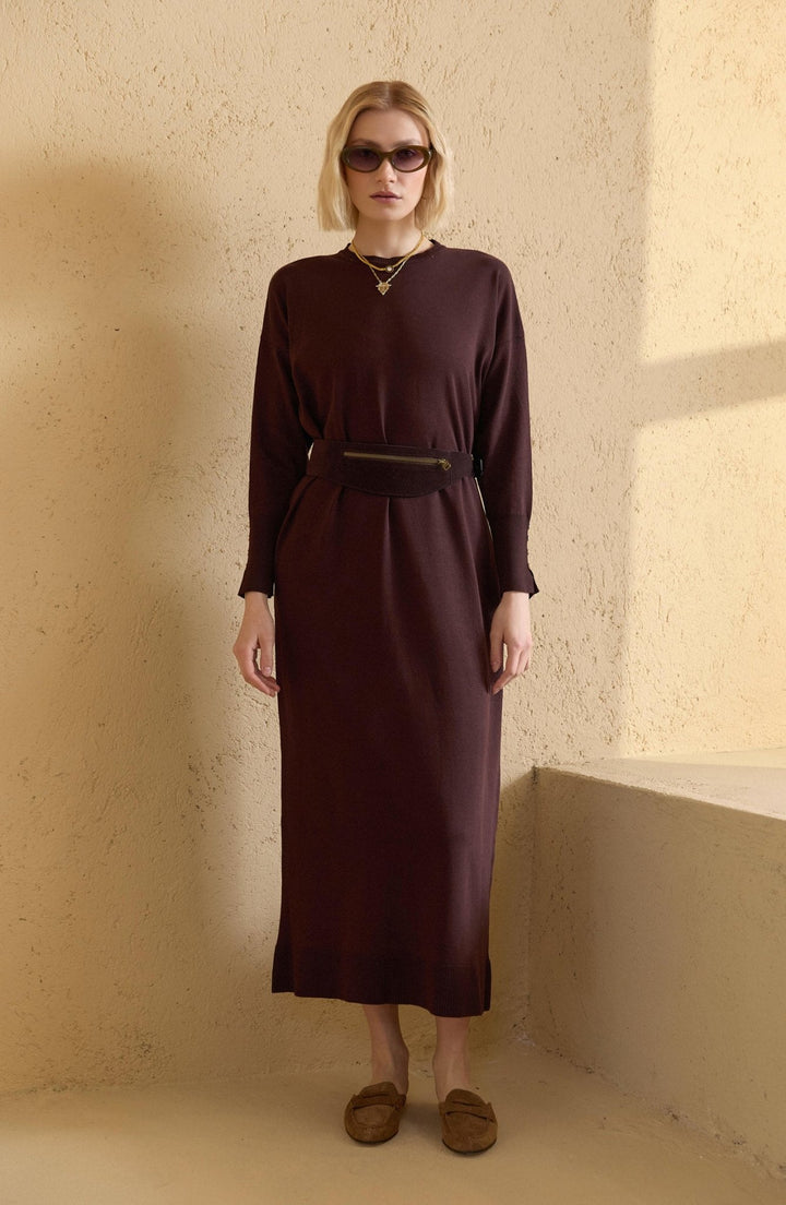 Gold Düğmeli Basic Kahverengi Merserize Triko Elbise - Fatma Atasoy