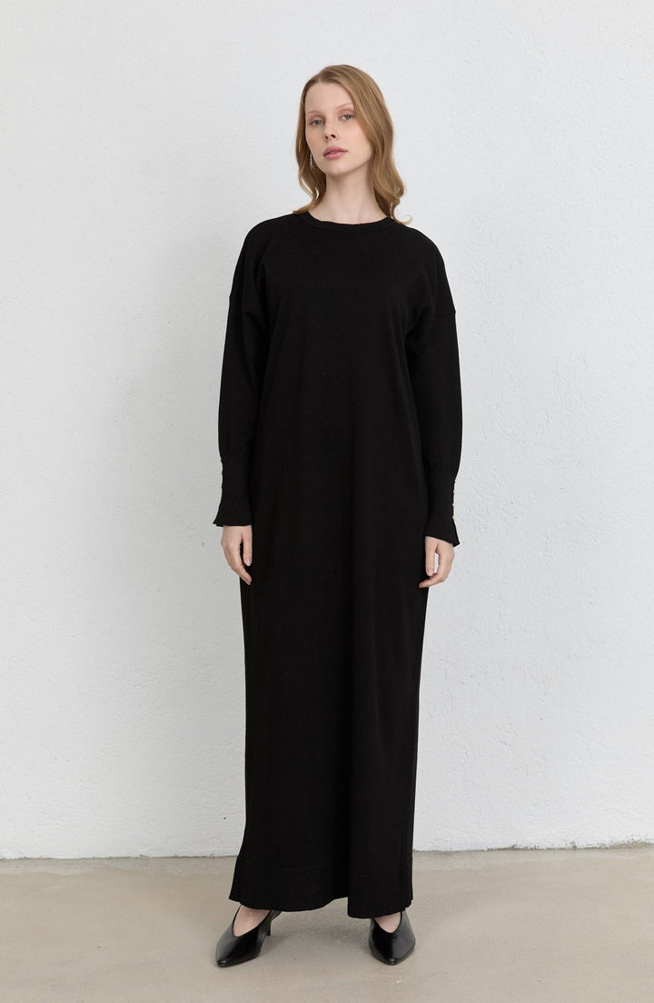 Gold Düğmeli Basic Siyah Merserize Triko Elbise - Fatma Atasoy