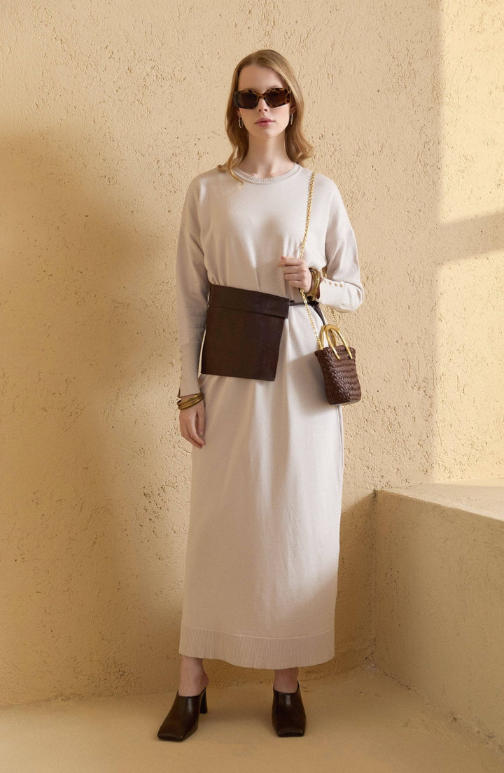 Gold Düğmeli Basic Taş Merserize Triko Elbise - Fatma Atasoy