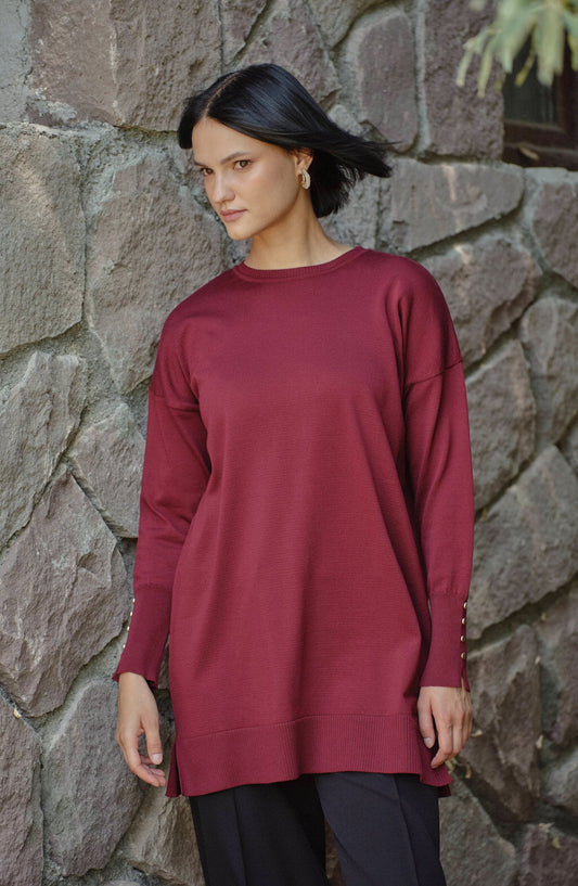 Gold Düğmeli Bordo Basic Merserize Triko Kazak - Fatma Atasoy