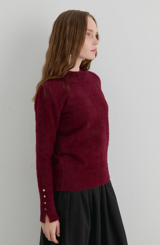 Gold Düğmeli Bordo Kısa Basic Yumoş Triko Kazak - Fatma Atasoy