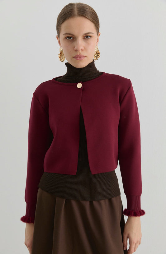 Gold Düğmeli Bordo Kısa Triko Ceket Hırka - Fatma Atasoy