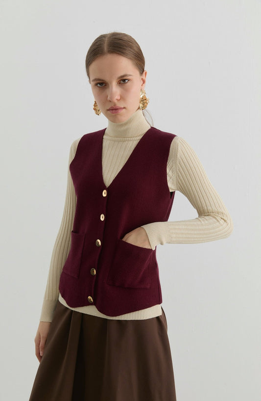 Gold Düğmeli Bordo Kısa Triko Yelek - Fatma Atasoy