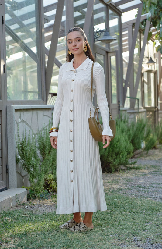 Gold Düğmeli Ekru Fitilli Merserize Triko Elbise - Fatma Atasoy