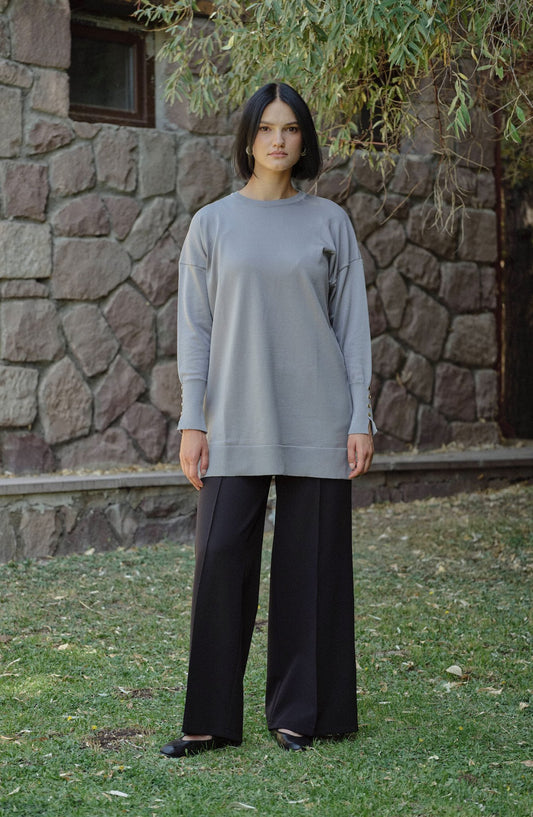 Gold Düğmeli Gri Basic Merserize Triko Kazak - Fatma Atasoy